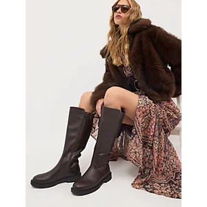 Chocolate Brown Faux Leather Knee High Boots | George
