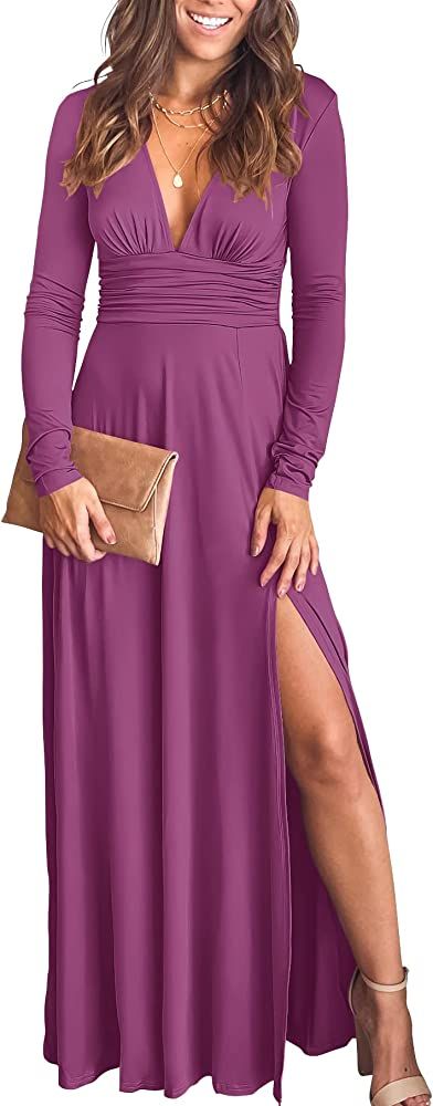 ANRABESS Women's Deep V Neck Short Sleeve Long Dresses Pleated High Waist Slit Club Party Evening Ma | Amazon (US)