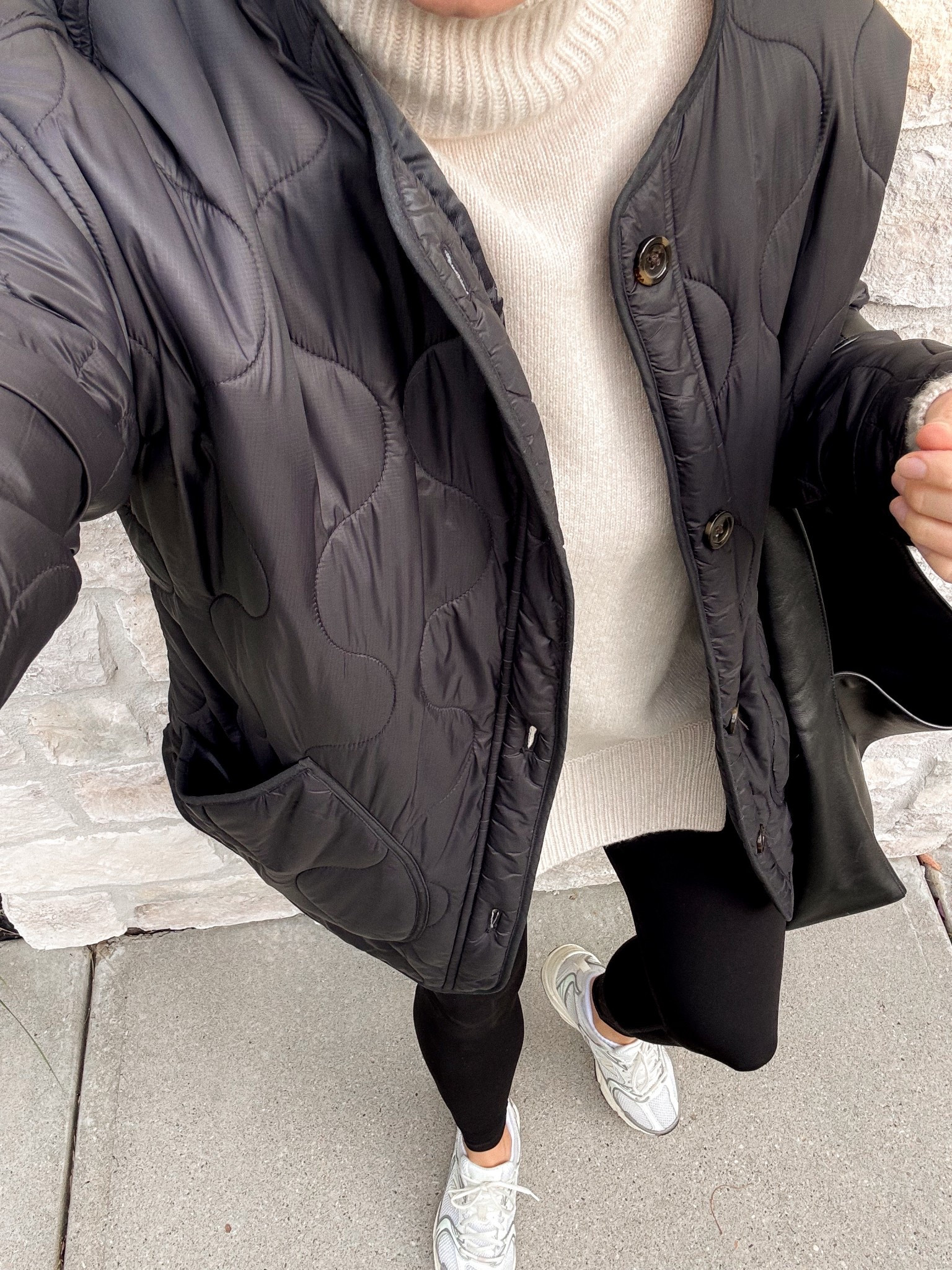 Cozy and casual fall outfit with leggings, cashmere turtleneck, liner jacket, and new balance 530 sneakers 

#LTKShoeCrush #LTKSeasonal #LTKFindsUnder100