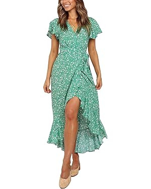 ZESICA Women's Summer Bohemian Floral Printed Wrap V Neck Beach Party Flowy Ruffle Midi Dress | Amazon (US)