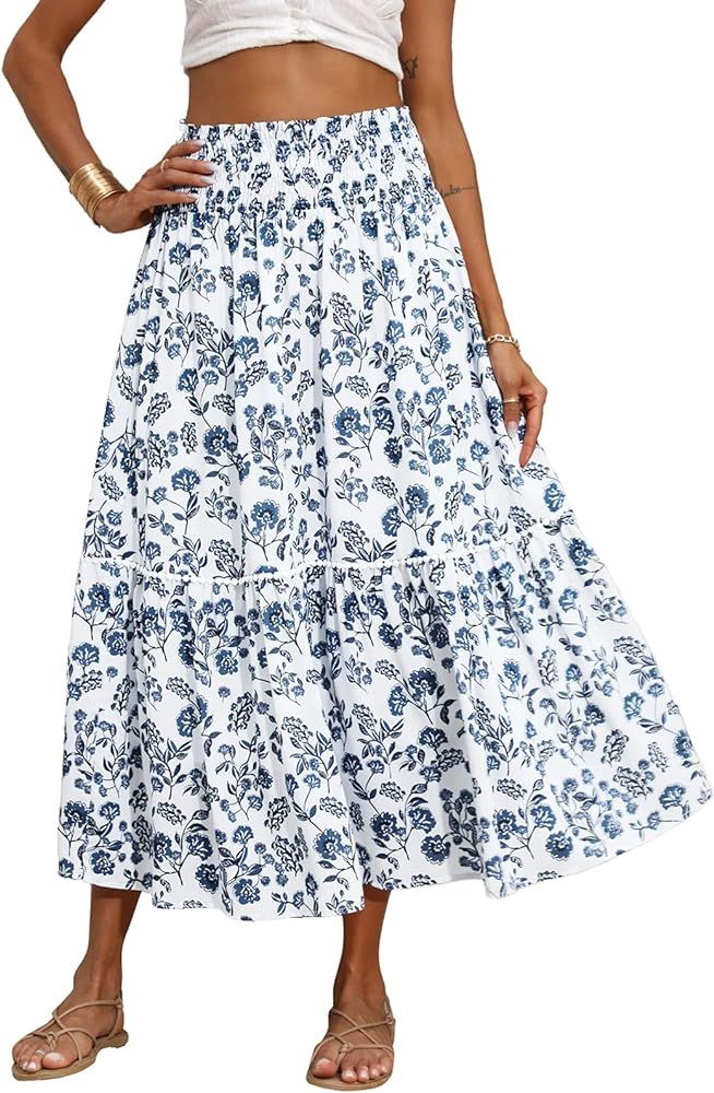 BTFBM Women Summer Floral Print Long Skirts Casual Elastic High Waist Vintage Pleated Swing A Line M | Amazon (US)