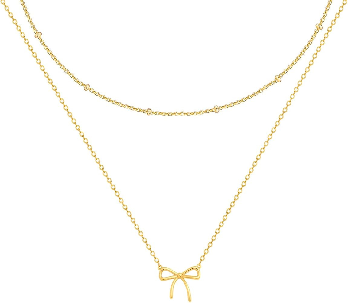 OGD Gold Necklace for Women, Bow Necklace 14K Layered Gold Necklace Dainty Bow Pendant Choker Nec... | Amazon (US)