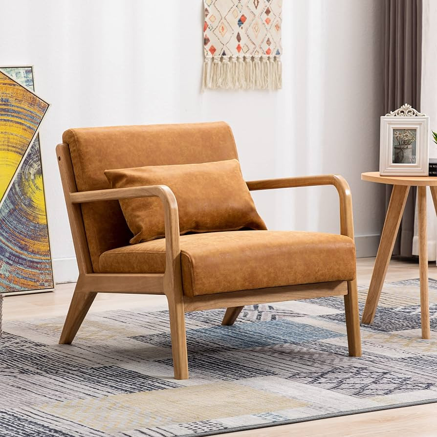 DM Furniture DM-Furniture Leather Accent Chair Midcentury Modern Oak Armchair Upholstered Side Bo... | Amazon (US)