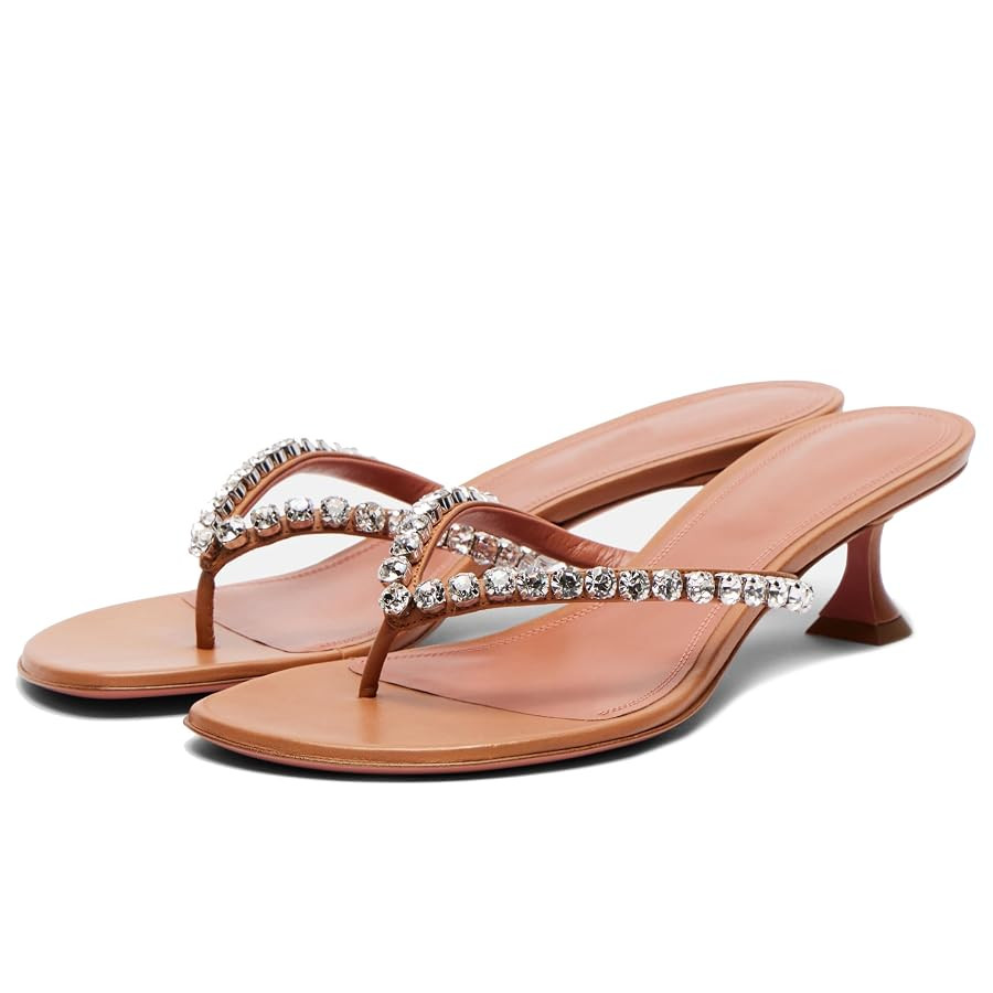 Crystal Embellished Thong Sandals for Women Round Open Toe Kitten Heel Flip Flops Summer Fashion ... | Amazon (US)