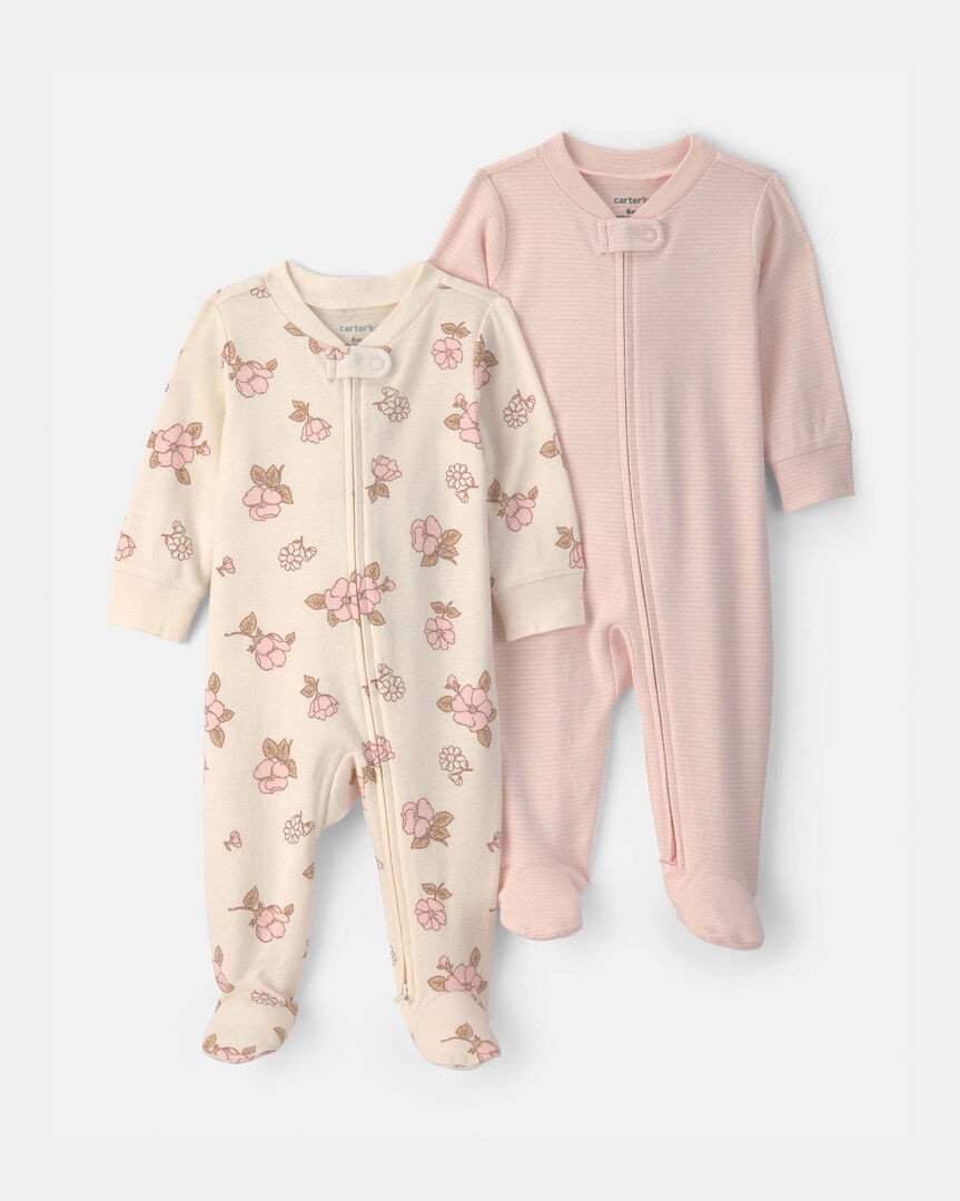 Baby Girl 2-Pack Floral Striped 100% Cotton 2-Way Zip Sleep & Play Pajamas - Pink/Ivory | Carter'... | Carter's Inc