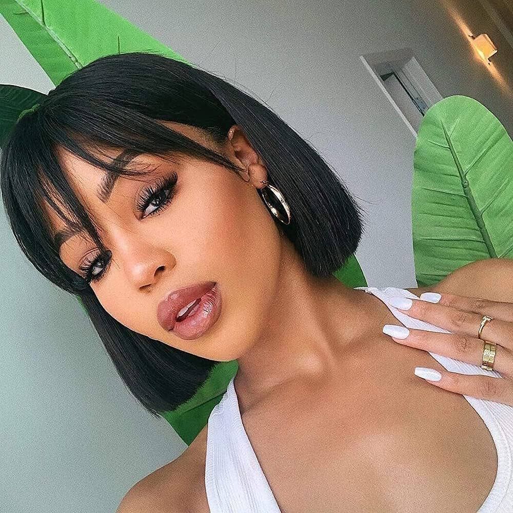 SQPLXK Short Bob Human Hair Wigs with Bangs None Lace Front Wigs Brazilian Straight Hair Machine ... | Amazon (US)