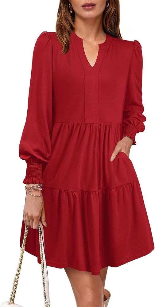 Spring Dresses for Women 2026 Casual V Neck Long Sleeve A Line Midi Dress Ruffle Flowy with Pocke... | Amazon (US)