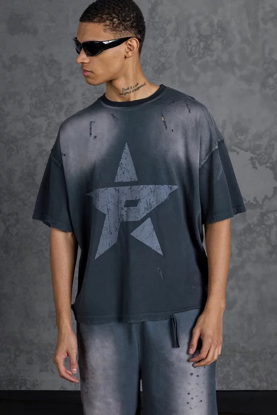 Gunna Oversized Boxy Washed T-Shirt with Star Print | boohooMAN (US & Canada)
