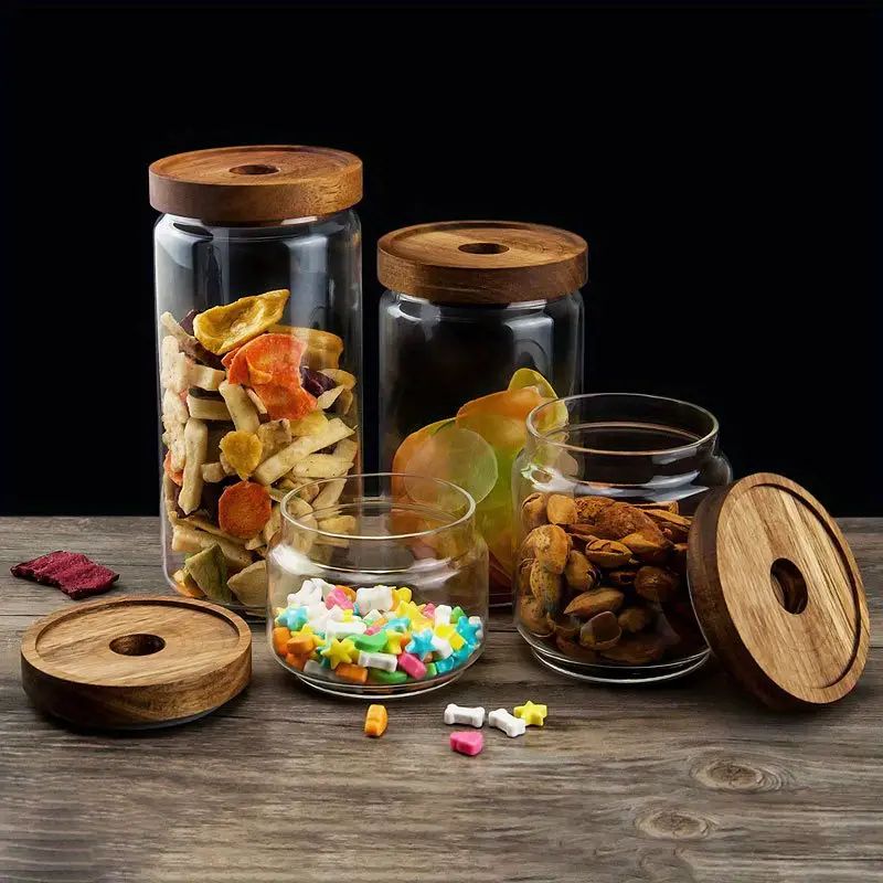 Simple Acacia Wood Storage Glass Jar Set Lid Kitchen Large - Temu | Temu Affiliate Program