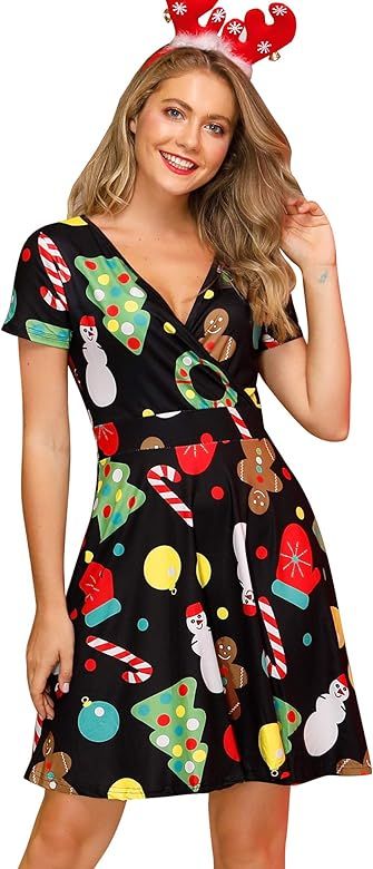 For G and PL Women's Christmas Short Sleeves V Neck Wrap Dress | Amazon (US)