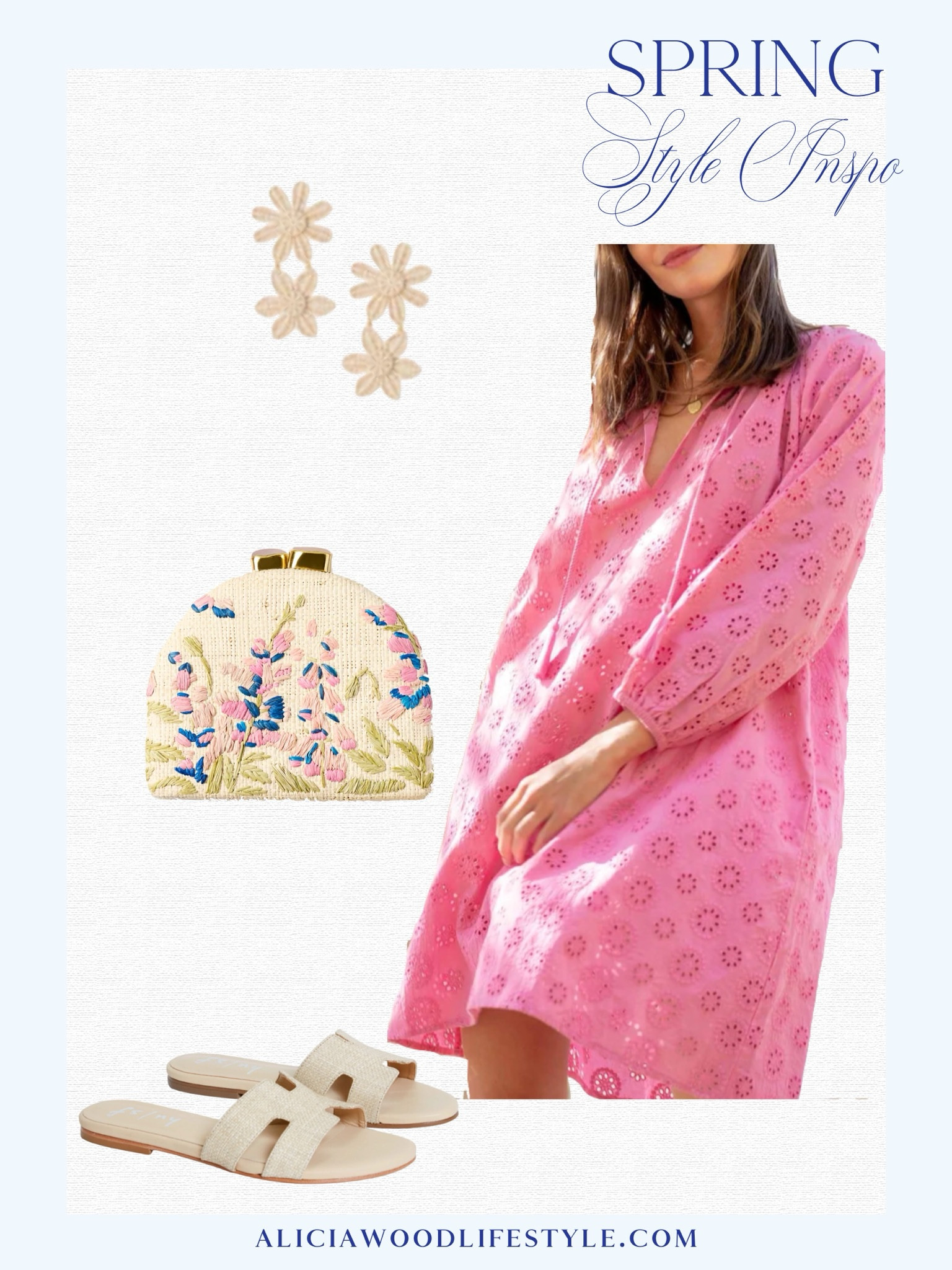 A bright pop of pink brightens any spring day!   
 
Mersea pink dress with daisy detail
Embroidered clutch handbag 
Raffia double flower earring 
Neutral slide 

#LTKstyletip #LTKSeasonal #LTKover40