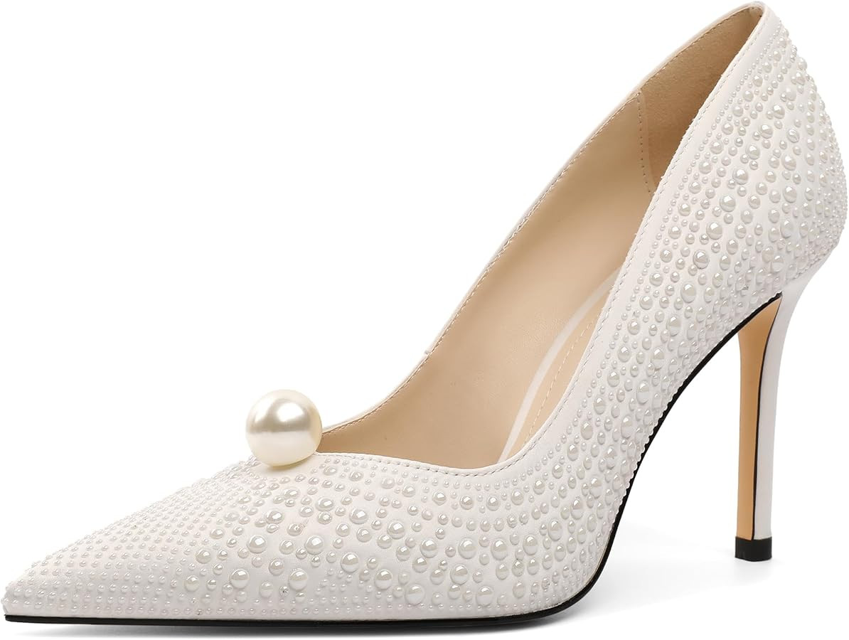 SAMMITOP Women Beaded Pumps Closed Pointed Toe High Heel Slip On Stilettos 3.5 Inch Sexy Heeled D... | Amazon (US)