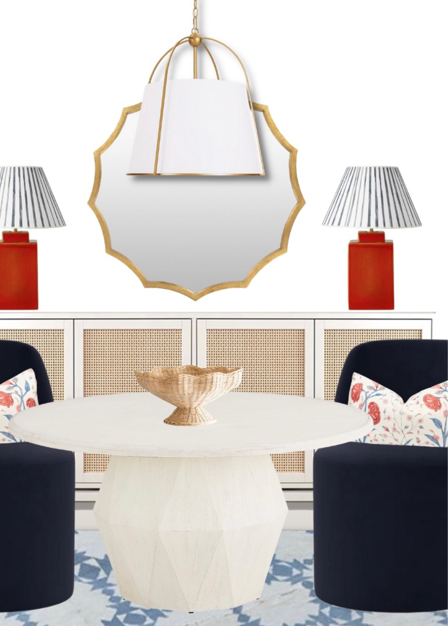 Interior design inspo dining room furniture rattan buffet sideboard cabinet scalloped mirror dining room ideas pedestal dining table dining chair oushak rug grandmillennial home blue and white home 

#LTKhome #LTKsalealert