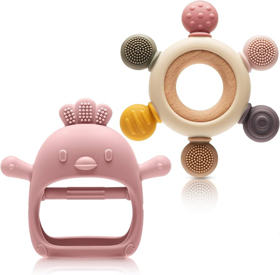 2 Packs Baby Teething Toy for 3-6 6-12 Months, Teether Mitten & Silicone Rudder with Wooden Ring,... | Amazon (US)