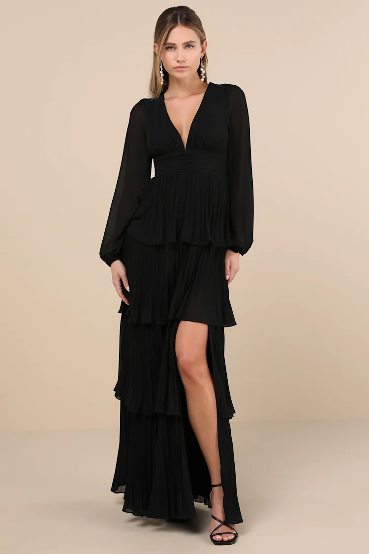Graceful Finesse Black Pleated Long Sleeve Maxi Dress | Lulus