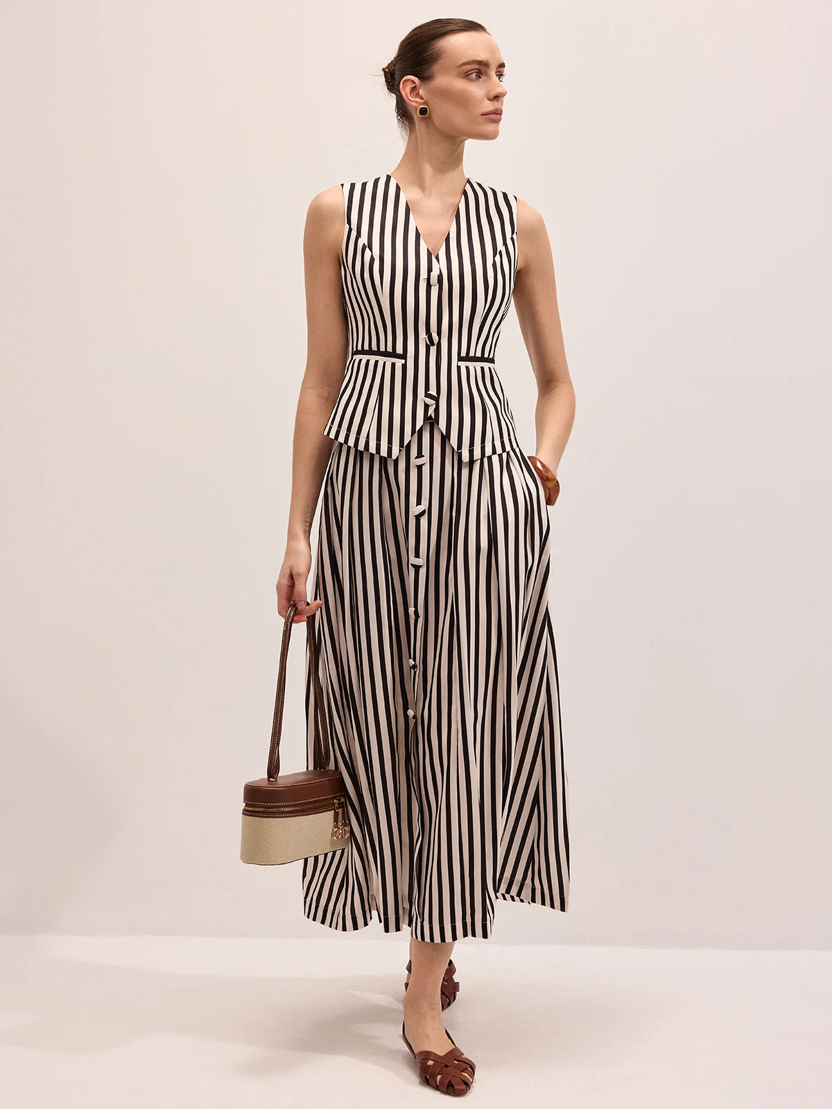 Striped Sleeveless Vest & Maxi Skirt Set | Commense