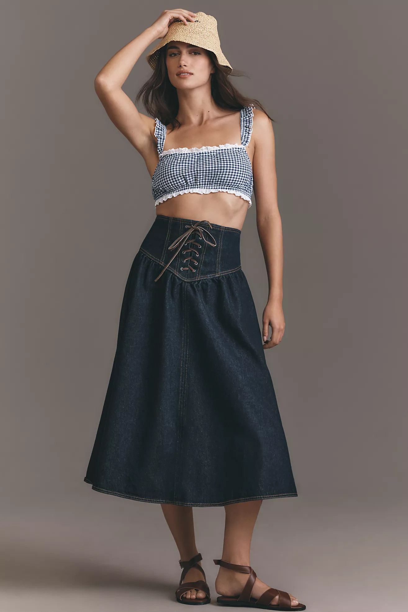 Pilcro Lace-Up Drop-Waist Denim Midi Skirt | Anthropologie (US)