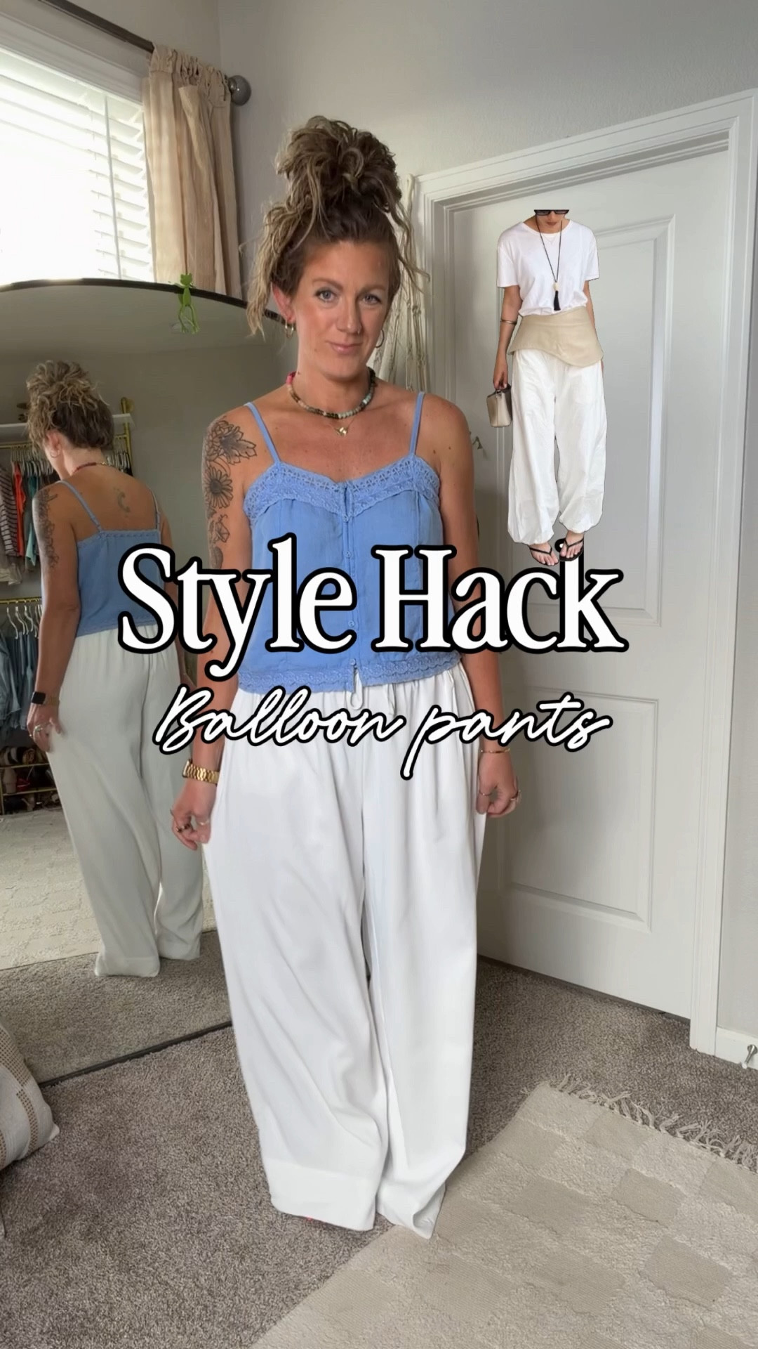 Balloon pant/bubble hem style hack! 

✨wearing a US 10 pants, medium regular top (comes in tall) and 11 sandals. All come in more colors! 

#LTKOver40 #LTKTall