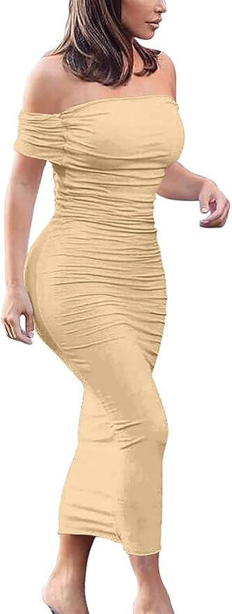 GOBLES Women's Ruched Off Shoulder Short Sleeve Bodycon Midi Elegant Cocktail Party Dress | Amazon (US)