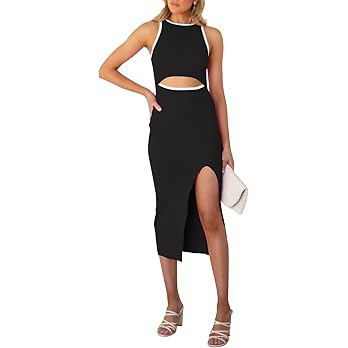 Pink Queen Women's Summer Cutout Midi Dress Crew Neck Sleeveless Tank Slit Ribbed Bodycon Dresses | Amazon (US)