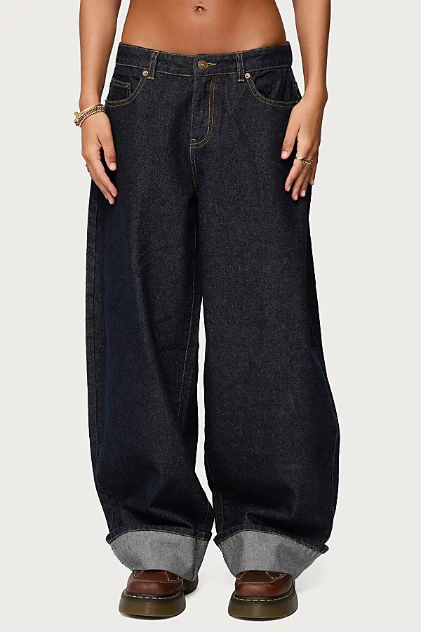 Edikted Kella Extra Oversized Low Rise Jeans in Indigo/Blue/Raw, Women's at Urban Outfitters | Urban Outfitters (US and RoW)