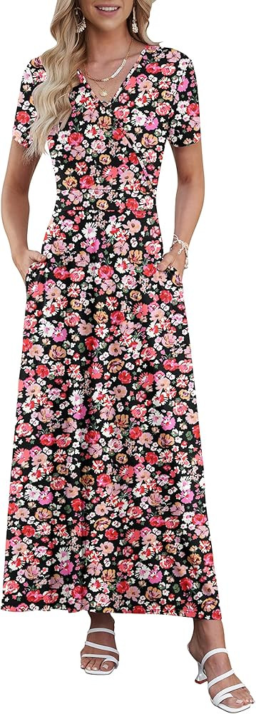 AUSELILY Maxi Dresses for Women Ankle Length Floral Print Beach Long Flowy Dress with Pockets | Amazon (US)