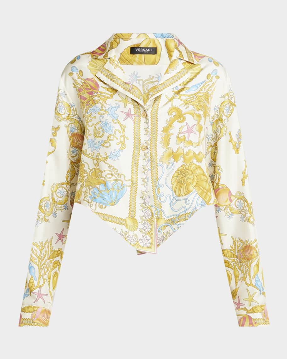 Versace Underwater Barocco Foulard Silk Twill Crop Shirt | Neiman Marcus