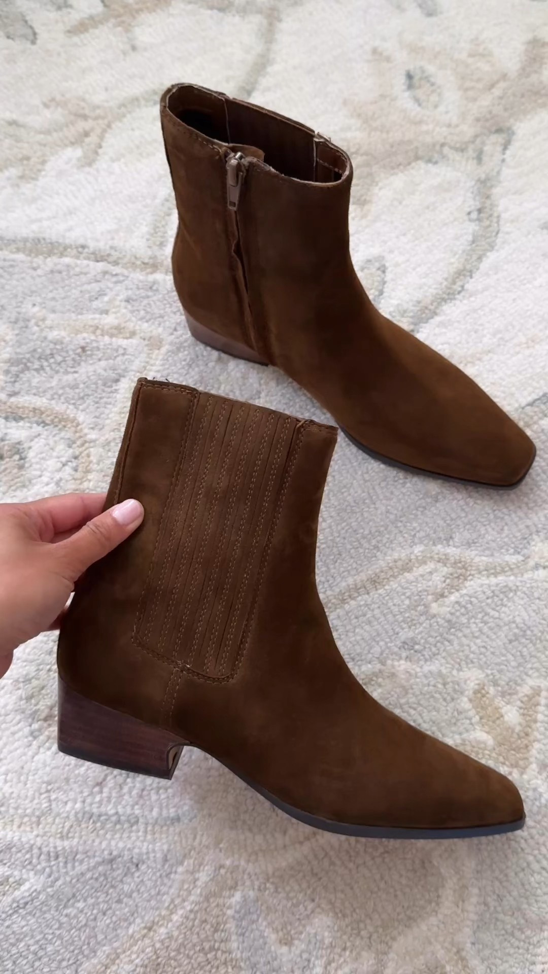Nordstrom anniversary sale booties in a rich brown color and modern chic shape.

I didn’t see the “Gray” color in store and actually LOVE the look of that!

• Steve Madden Dorothea boot in “brown suede”. Fit is TTS, I took a 5.5. 

Elevated rounded square toe and low stacked heel. Slim shaft fits well under jeans and pant legs. I’ve tried on with both wide and straight leg jeans and the toe shape really elevates the look  

Fall boots, nordstorm sale , Nsale 

#LTKShoeCrush #LTKSaleAlert #LTKPetite