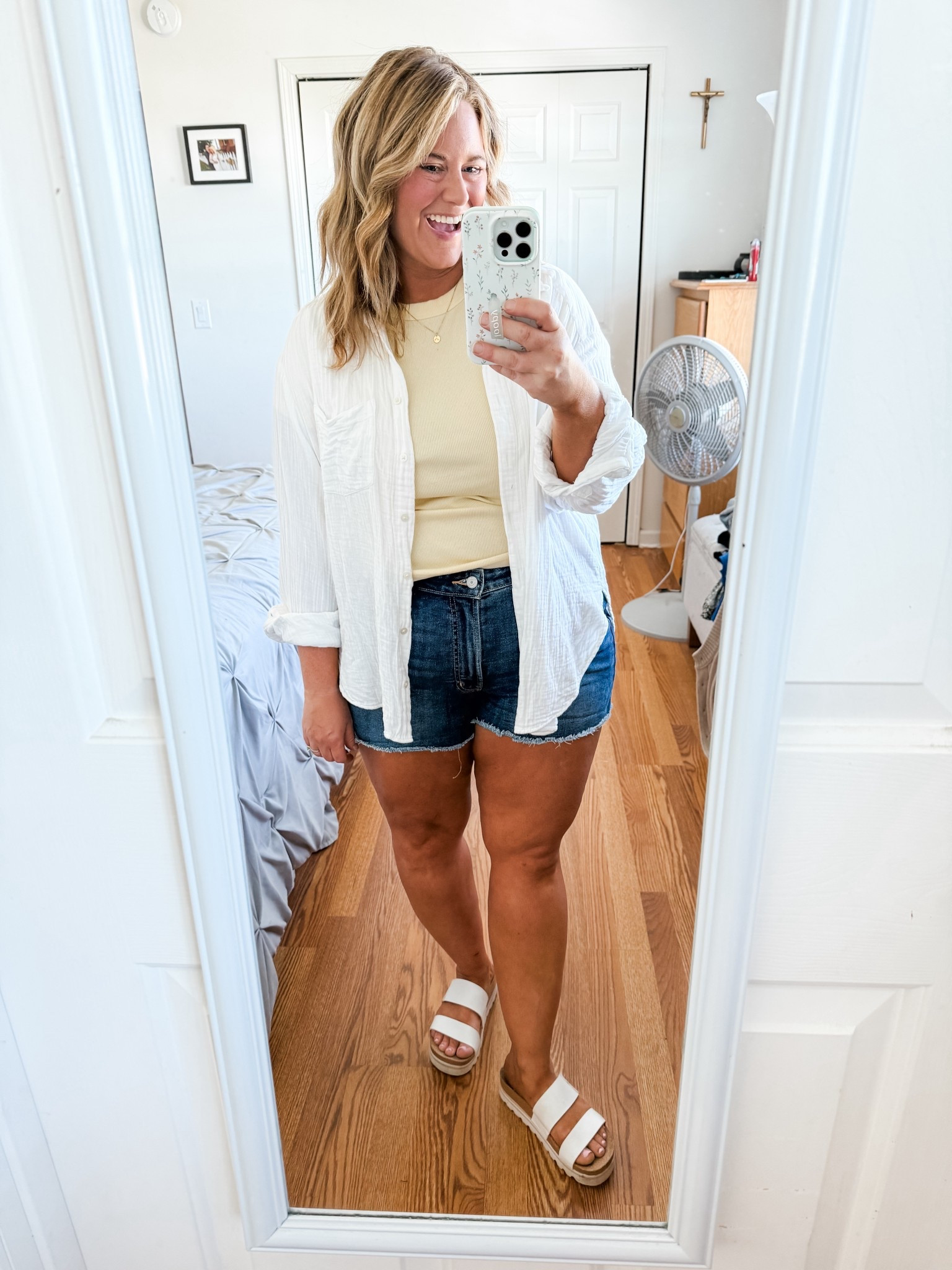 Wearing an XL in my butter yellow tee, large in my gauze button down and a 16 in my denim shorts 

#LTKSeasonal #LTKFindsUnder50 #LTKMidsize