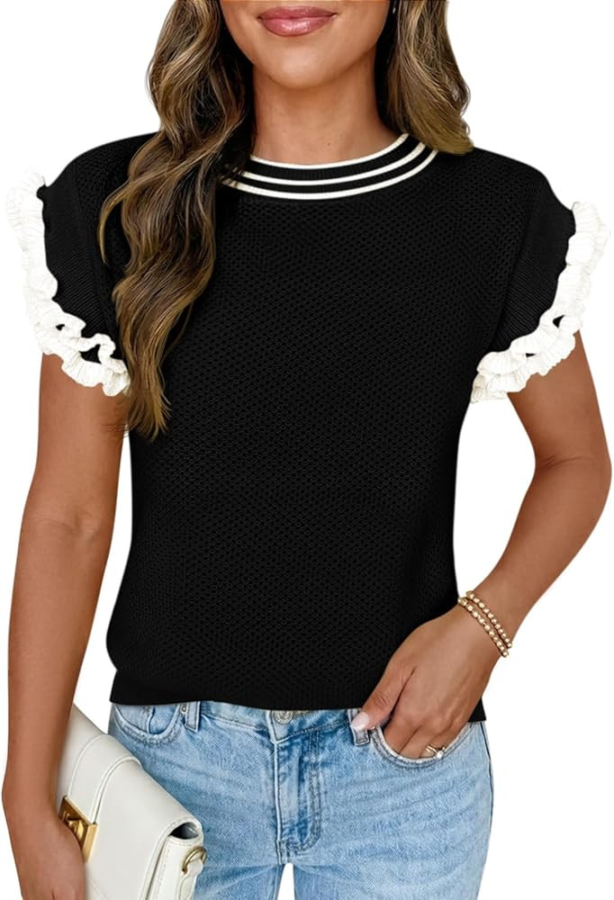 Saodimallsu Womens Ruffle Short Sleeve Sweaters Casual Crew Neck Color Block Loose Knit Summer Tr... | Amazon (US)