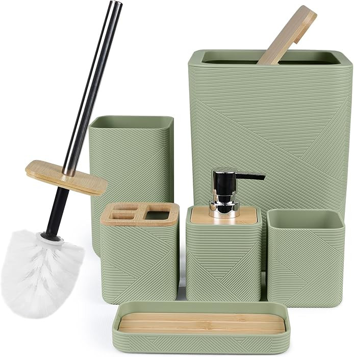 CERBIOR Bathroom Accessories Set 6 Piece Bamboo Bath Ensemble Includes Soap Dispenser, Toothbrush... | Amazon (US)