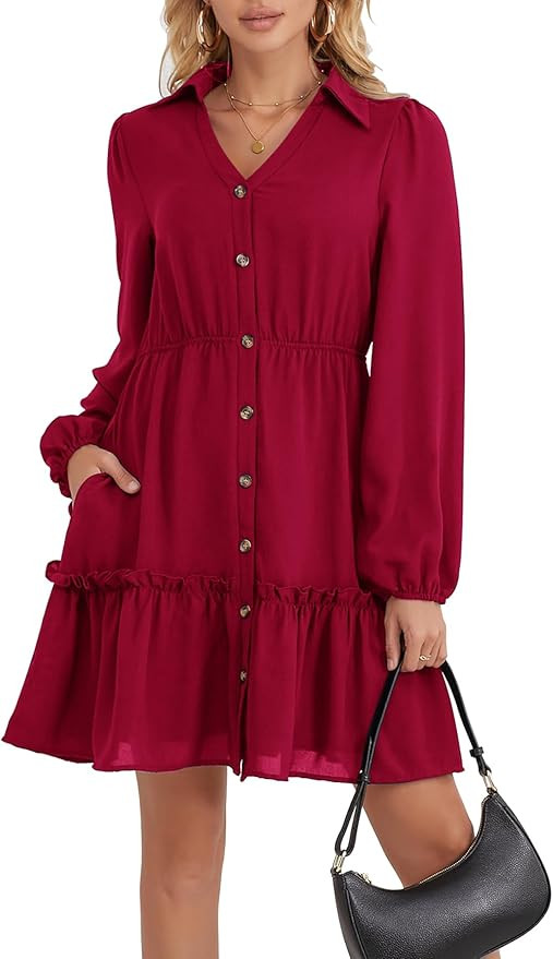 Women's Long Sleeve V Neck Ruffle Button Down Shirt Casual Short Dresses with Pockets | Amazon (US)