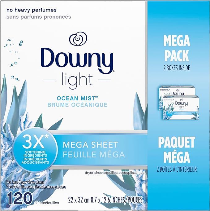 Downy Light Mega Dryer Sheets, Fabric Softener Dryer Sheets, Ocean Mist, 120 Count | Amazon (CA)