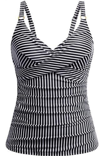 Women Black Stripe Tankini Top Only - Tummy Control Bathing Suit Top V Neck Twist Front Swim Tank No Bottom 2025 L | Amazon (US)