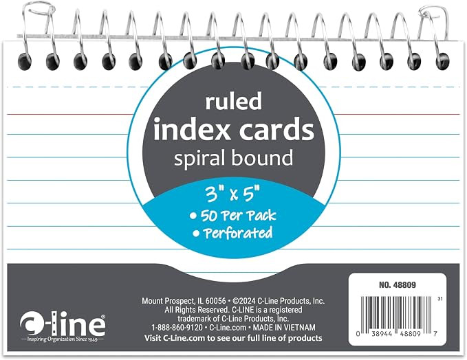 C-Line 3” x 5” Spiral Bound Index Card Notebook, Ruled, 50/PK (48809) | Amazon (US)
