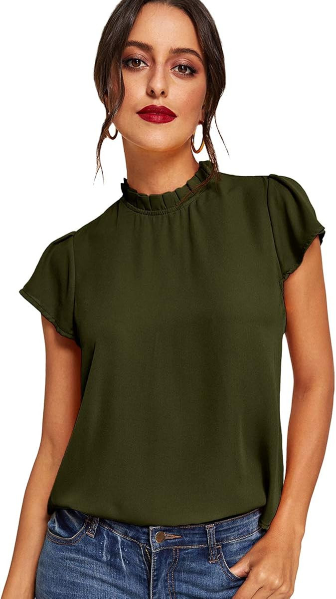 Romwe Women's Elegant Short Sleeve Mock Neck Workwear Blouse Top Shirts | Amazon (US)