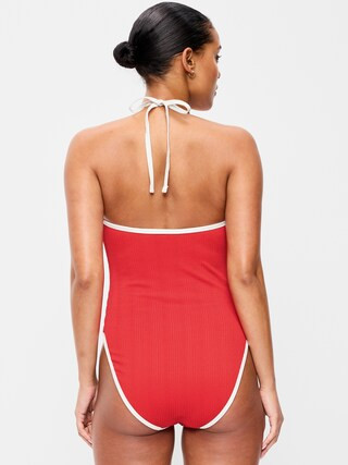 Ribbed V-Neck Halter One-Piece Swimsuit | Old Navy (US)