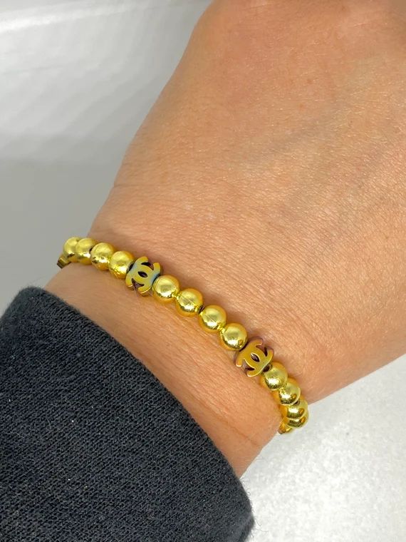Gold Beaded “CC” Bracelet with iridescent beads | Custom Name Bracelet | Bracelet Stack | Per... | Etsy (US)