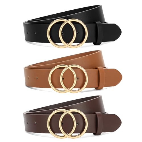 SANSTHS 3 Pack Women Waist Belts for Jeans Pants Dresses, Ladies Belt with Double O-Ring Gold Buckle, Black+Brown+Coffee S | Amazon (US)