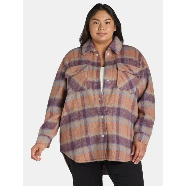 Terra & Sky Women's Plus Size Brushed Plaid Button Down Shacket, 0X-5X | Walmart (US)