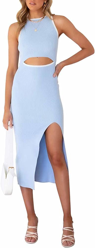 Pink Queen Women's Cutout Crew Neck Sleeveless Tank Slit Ribbed Bodycon Midi Dresses | Amazon (US)