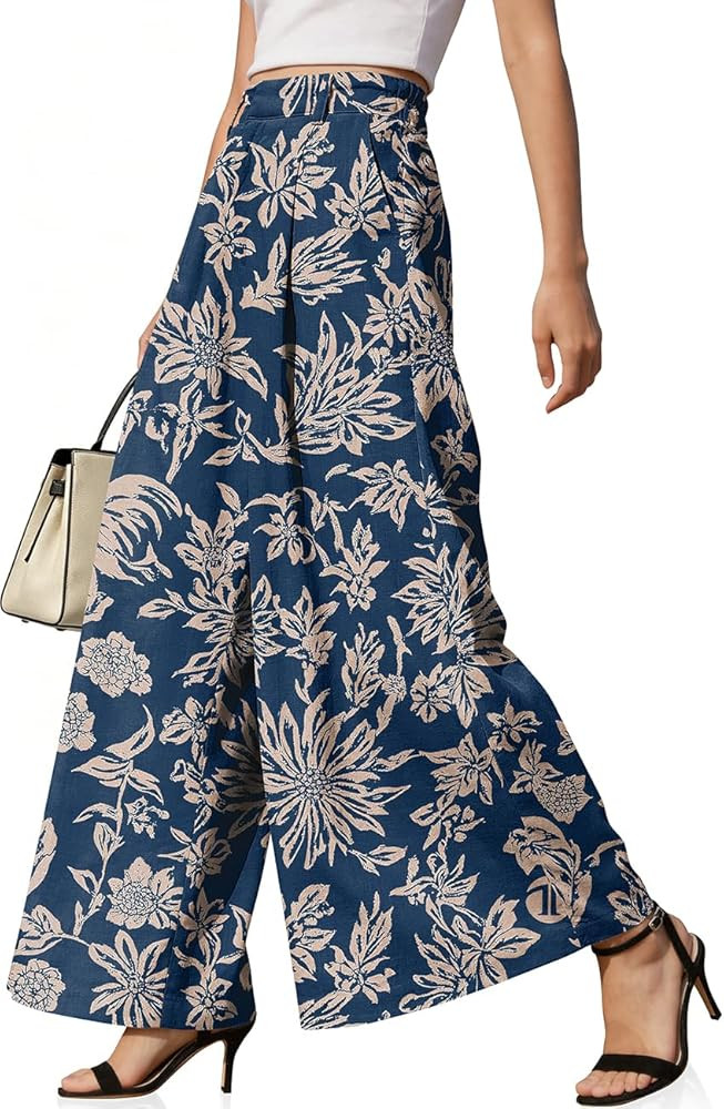 TARSE Women's Linen Palazzo Pants 2026 Wide Leg High Waisted Printed Flowy Pleated Casual Dressy ... | Amazon (US)