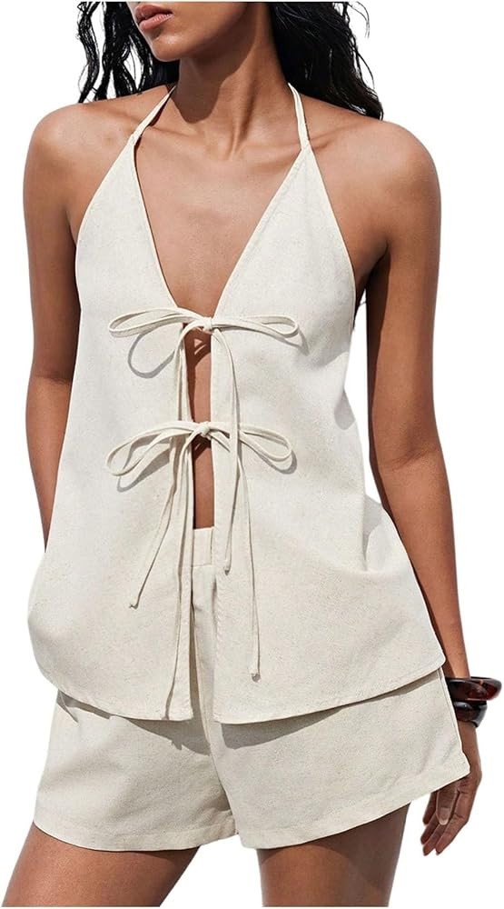 MakeMeChic Women's Linen Two Piece Set Summer Tie Front Halter Tops Linen Shorts Sets Beach Vacat... | Amazon (US)