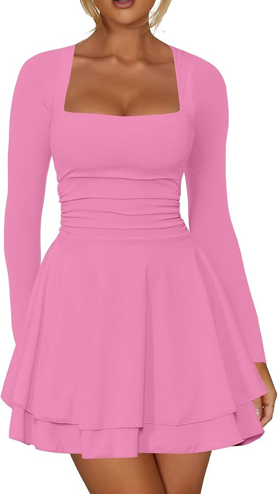 Kaximil Women's Square Neck Ruffle Hem Mini Dress Ruched Waist Long Sleeve Corset Short Party Dre... | Amazon (US)