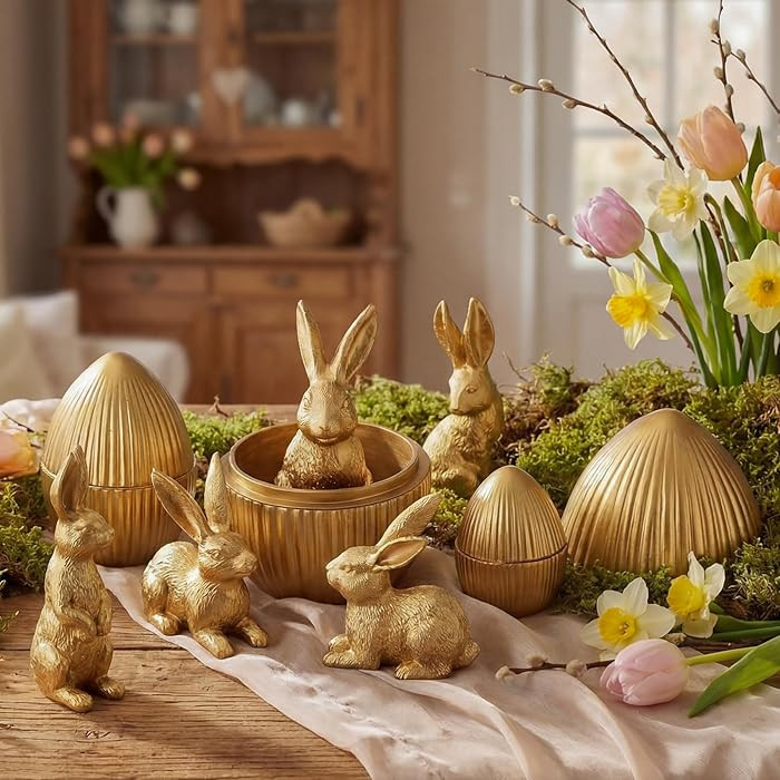 Wesiti 8 Pack Gold Easter Eggs with Bunny Figurines 5 Rabbits & 3 Fillable Eggs Set Vintage Resin... | Amazon (US)