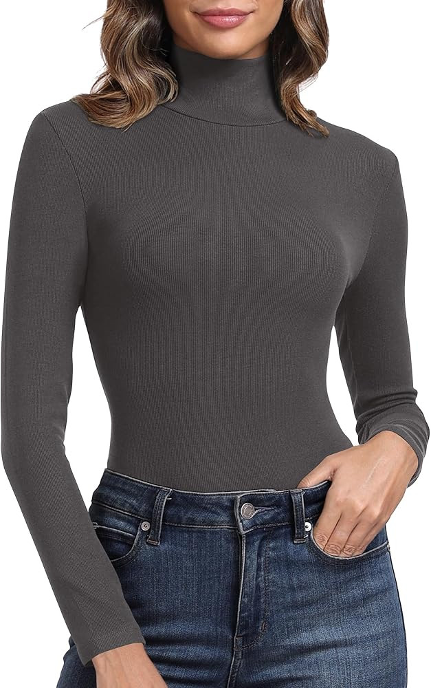 PALINDA Women's Ribbed Turtleneck Fitted Long Sleeve Shirts Basic Thermal Layering Tops | Amazon (US)