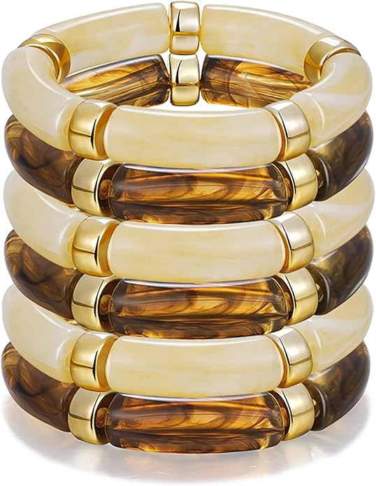 iF YOU 6pcs Chunky Acrylic Bangle Bracelets for Women, Resin Bamboo Brown Stretchy Bracelet Stack... | Amazon (US)
