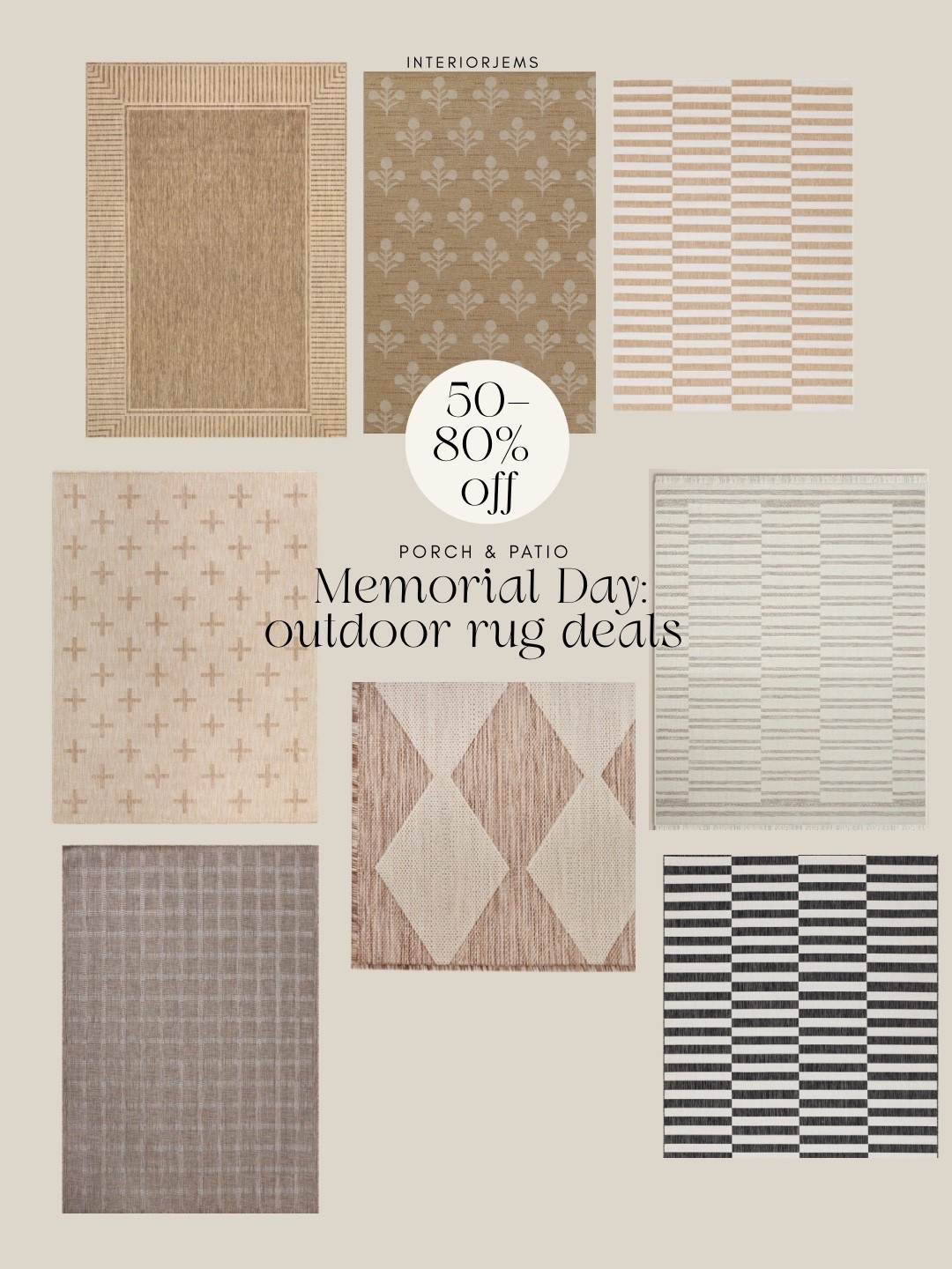 Memorial Day clearance 50 to 80% off these outdoor rugs some of my favorites I own the bottom left and I swear by it I actually ordered another one this year because I love it so much outdoor rugs on sale

#LTKSaleAlert #LTKHome