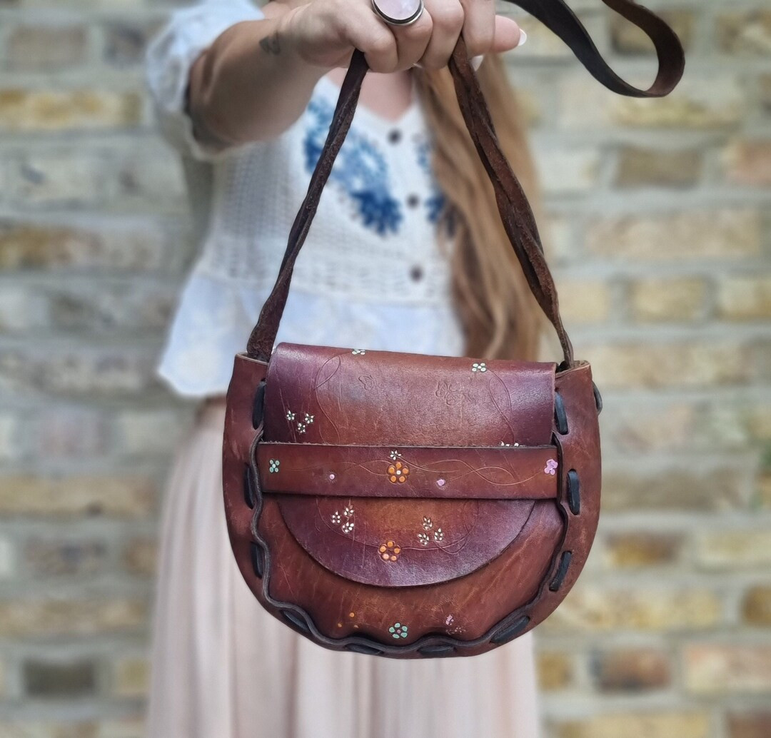 70s FLORAL TOOLED LEATHER Bag, Painted Flower Purse, Vintage Bohemian Leather Bag, Small Braided ... | Etsy (US)