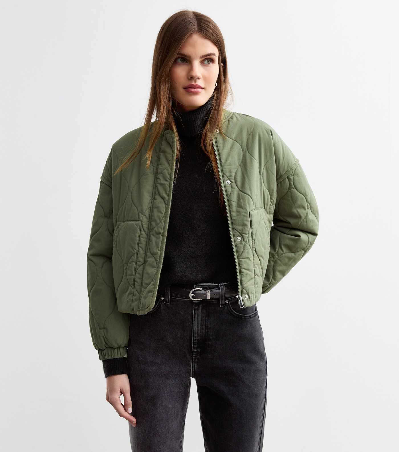 Khaki Stitched Pattern Lightly Padded Bomber Jacket
						
						Add to Saved Items
						Remove ... | New Look (UK)